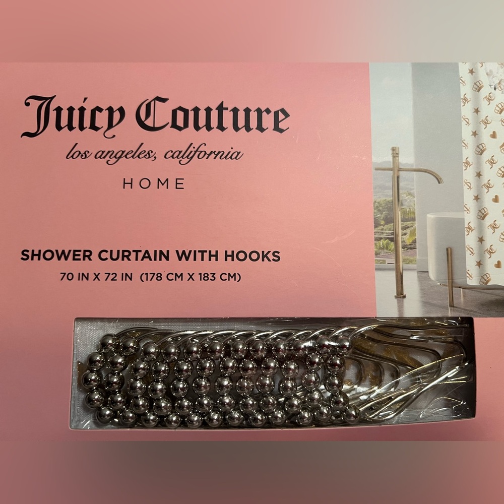 Juicy Couture NWT White Metallic Gold Crowns Hearts Stars Fabric Shower Curtain - Picture 5 of 6